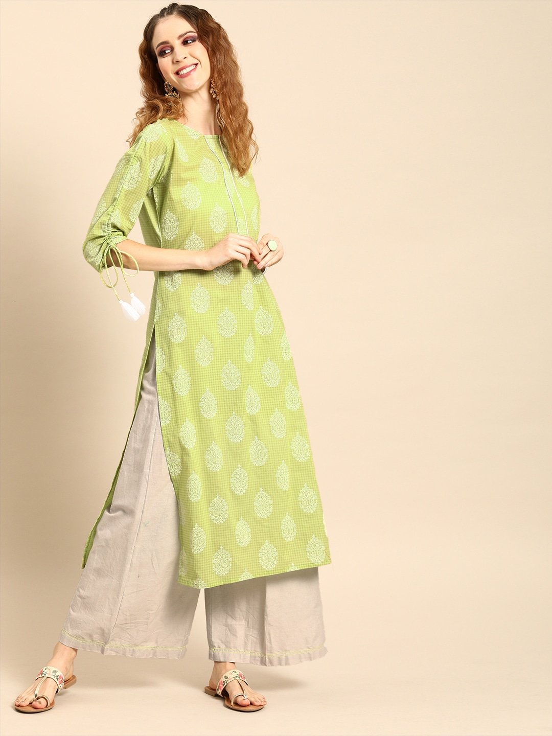 Women Pistachio Green Calf Length Three-Quarter Sleeves Straight Ethnic Motifs Printed Cotton Kurta | LASVINI - Redefining Indian Fashion with Elegance