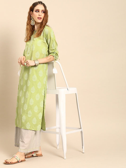 Women Pistachio Green Calf Length Three-Quarter Sleeves Straight Ethnic Motifs Printed Cotton Kurta | LASVINI - Redefining Indian Fashion with Elegance