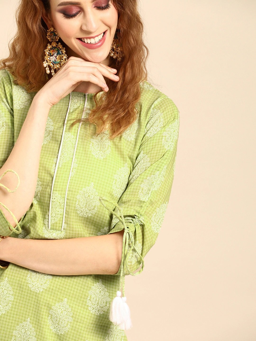 Women Pistachio Green Calf Length Three-Quarter Sleeves Straight Ethnic Motifs Printed Cotton Kurta | LASVINI - Redefining Indian Fashion with Elegance