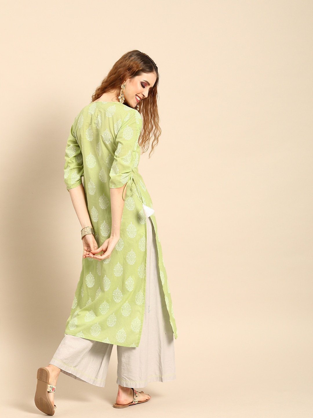 Women Pistachio Green Calf Length Three-Quarter Sleeves Straight Ethnic Motifs Printed Cotton Kurta | LASVINI - Redefining Indian Fashion with Elegance
