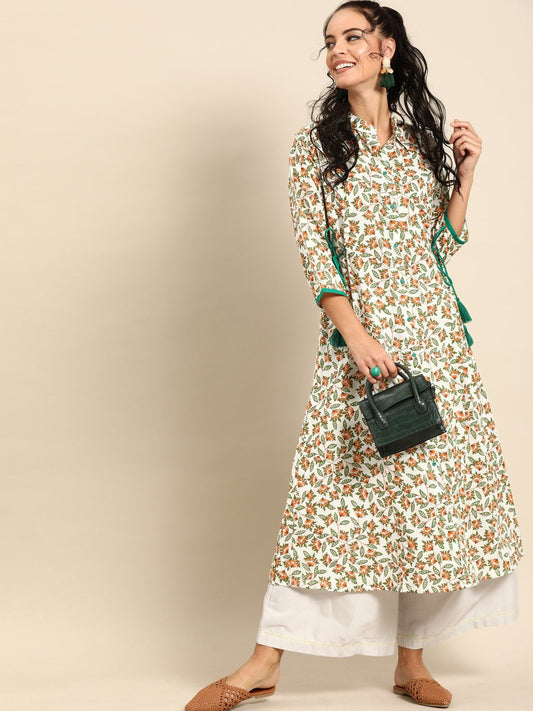 Women Off White Calf Length Three-Quarter Sleeves A-Line Floral Printed Cotton Kurta | LASVINI - Redefining Indian Fashion with Elegance