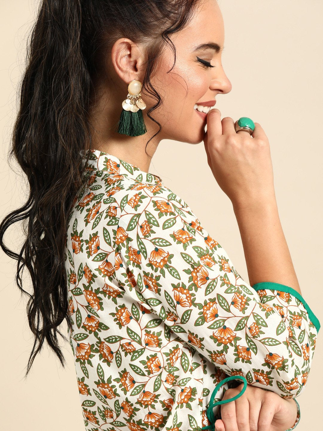 Women Off White Calf Length Three-Quarter Sleeves A-Line Floral Printed Cotton Kurta | LASVINI - Redefining Indian Fashion with Elegance