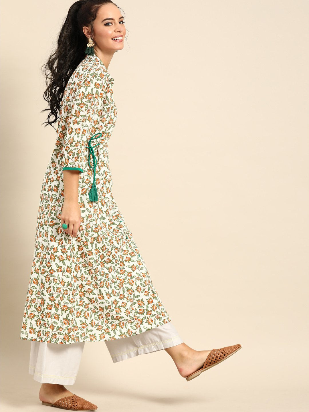 Women Off White Calf Length Three-Quarter Sleeves A-Line Floral Printed Cotton Kurta | LASVINI - Redefining Indian Fashion with Elegance