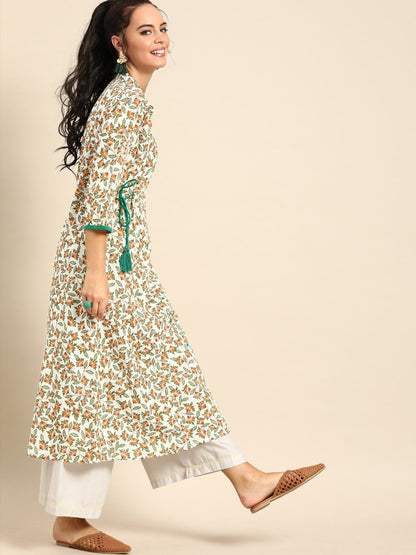 Women Off White Calf Length Three-Quarter Sleeves A-Line Floral Printed Cotton Kurta | LASVINI - Redefining Indian Fashion with Elegance