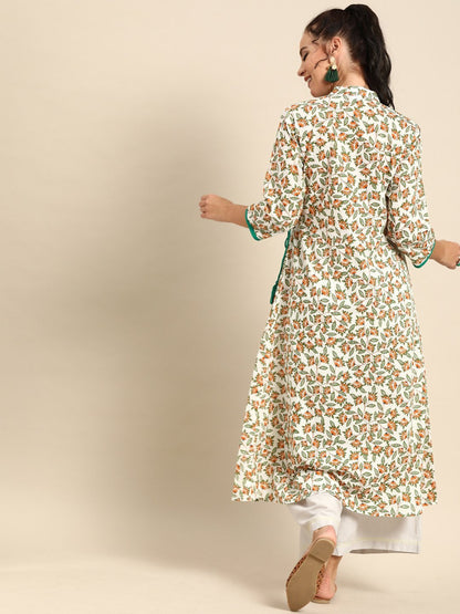 Women Off White Calf Length Three-Quarter Sleeves A-Line Floral Printed Cotton Kurta | LASVINI - Redefining Indian Fashion with Elegance