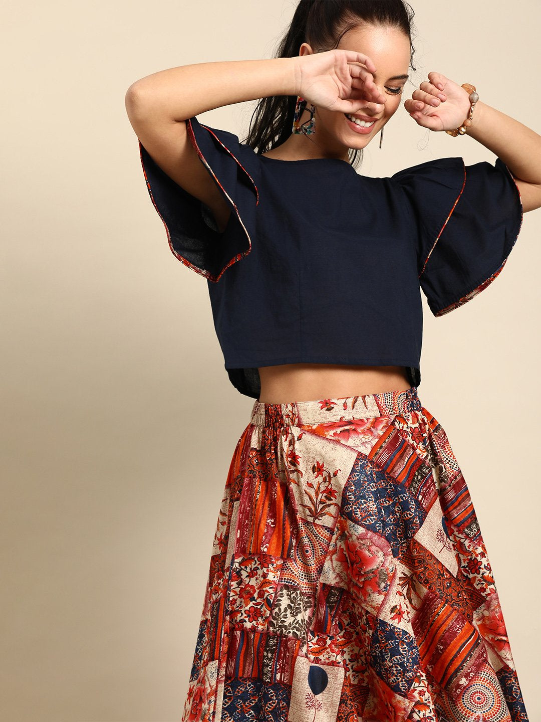 Women Navy Blue Pure Cotton Boat Neck Top With Skirt Clothing Set | LASVINI - Redefining Indian Fashion with Elegance