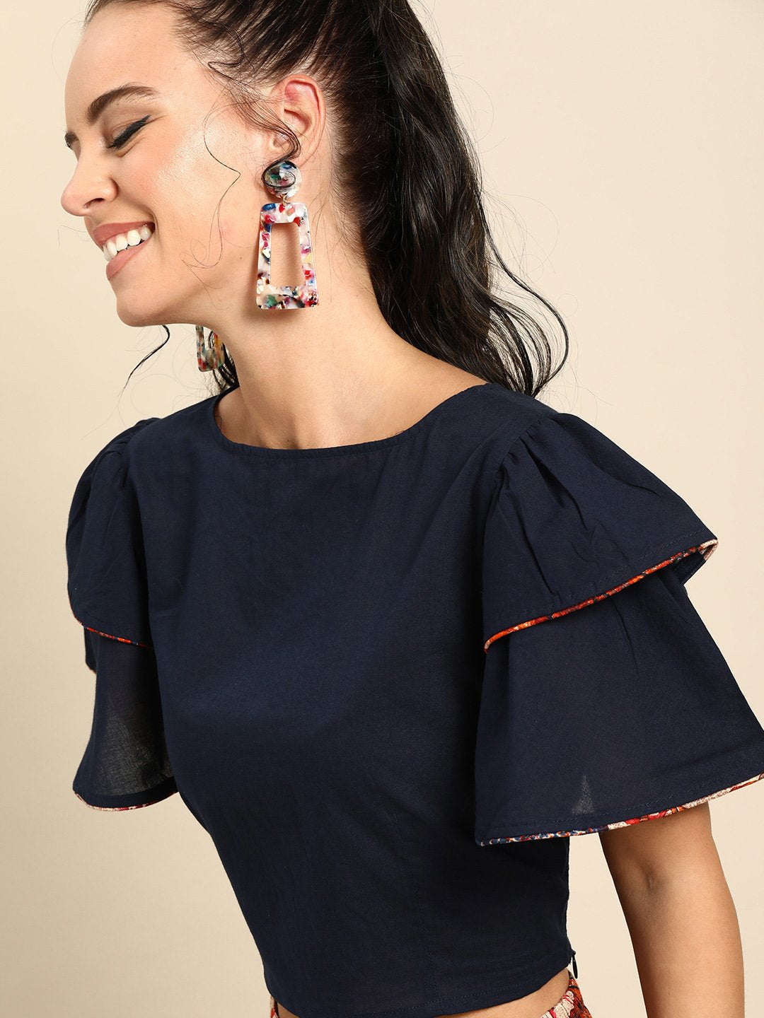 Women Navy Blue Pure Cotton Boat Neck Top With Skirt Clothing Set | LASVINI - Redefining Indian Fashion with Elegance