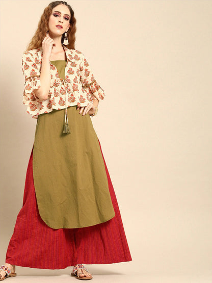 Women Olive Green  Calf Length Three-Quarter Sleeves Straight Floral Printed Cotton Kurta With Jacket | LASVINI - Redefining Indian Fashion with Elegance
