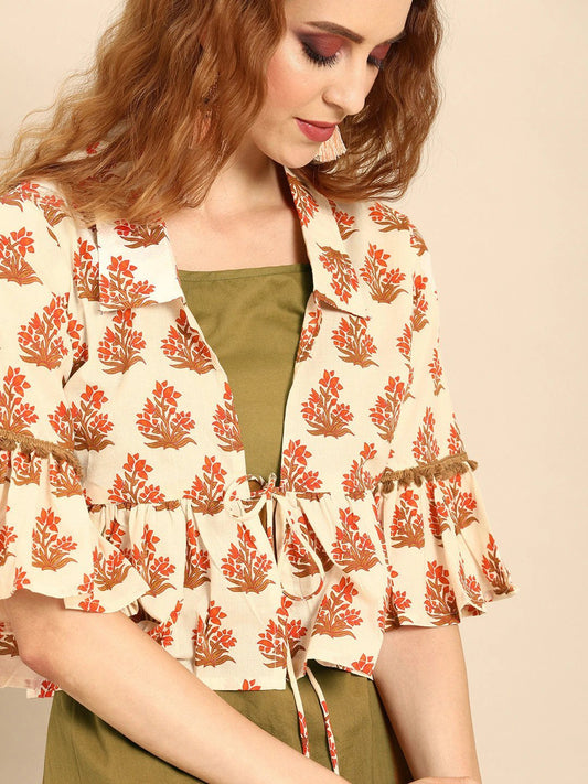 Women Olive Green Calf Length Three-Quarter Sleeves Straight Floral Printed Cotton Kurta With Jacket | LASVINI - Redefining Indian Fashion with Elegance