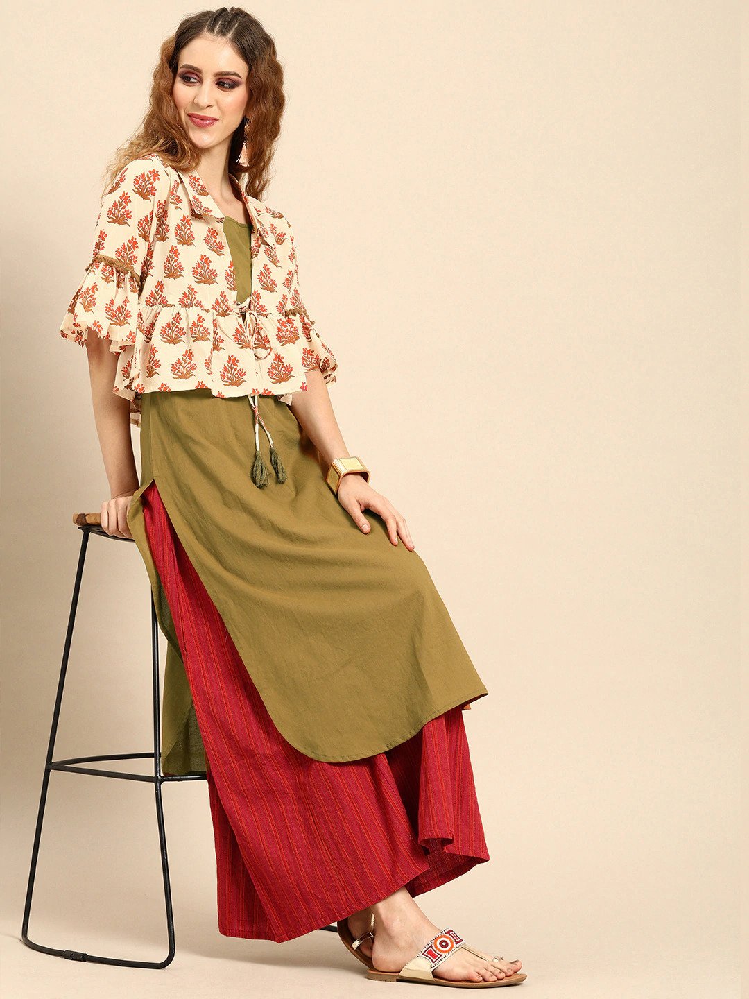 Women Olive Green  Calf Length Three-Quarter Sleeves Straight Floral Printed Cotton Kurta With Jacket | LASVINI - Redefining Indian Fashion with Elegance