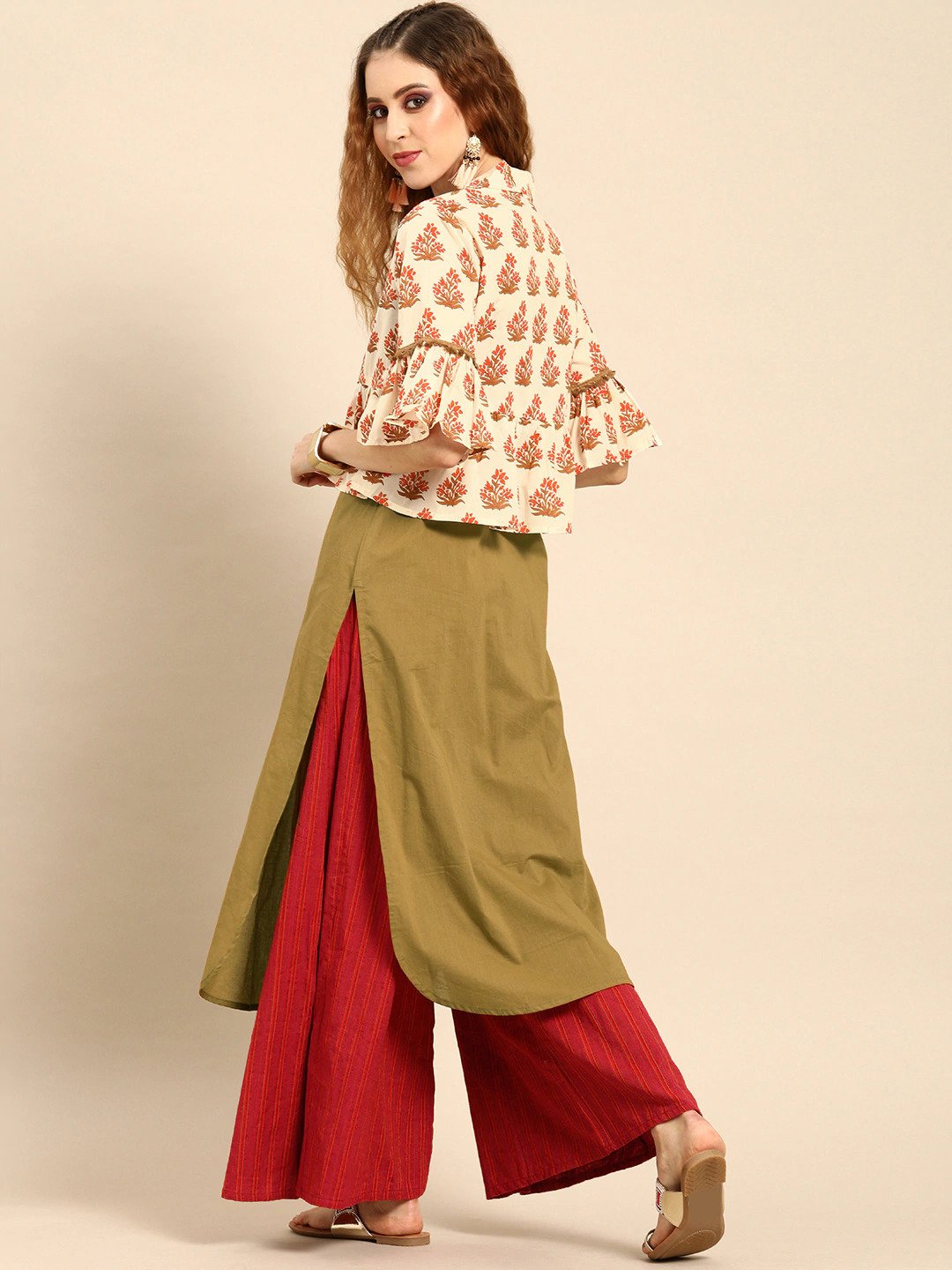 Women Olive Green  Calf Length Three-Quarter Sleeves Straight Floral Printed Cotton Kurta With Jacket | LASVINI - Redefining Indian Fashion with Elegance