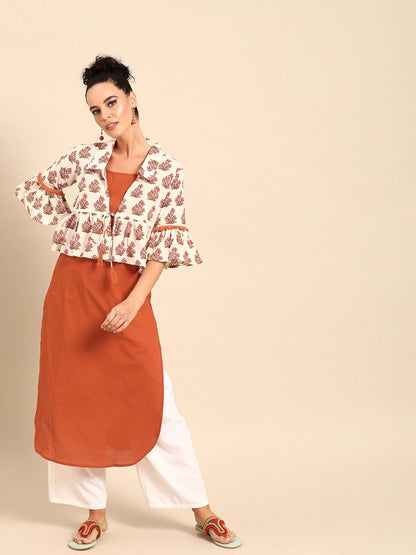 Women Rust Orange  Calf Length Three-Quarter Sleeves Straight Floral Printed Cotton Kurta With Jacket | LASVINI - Redefining Indian Fashion with Elegance