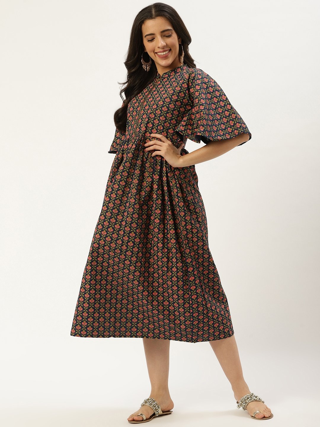 Women Blue Floral Printed Mandarin Collar Cotton Fit And Flare Dress | LASVINI - Redefining Indian Fashion with Elegance