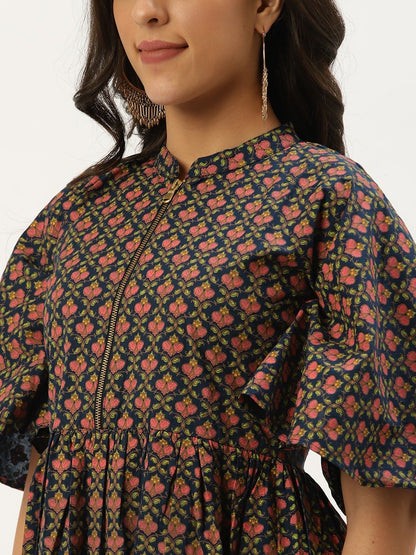 Women Blue Floral Printed Mandarin Collar Cotton Fit And Flare Dress | LASVINI - Redefining Indian Fashion with Elegance