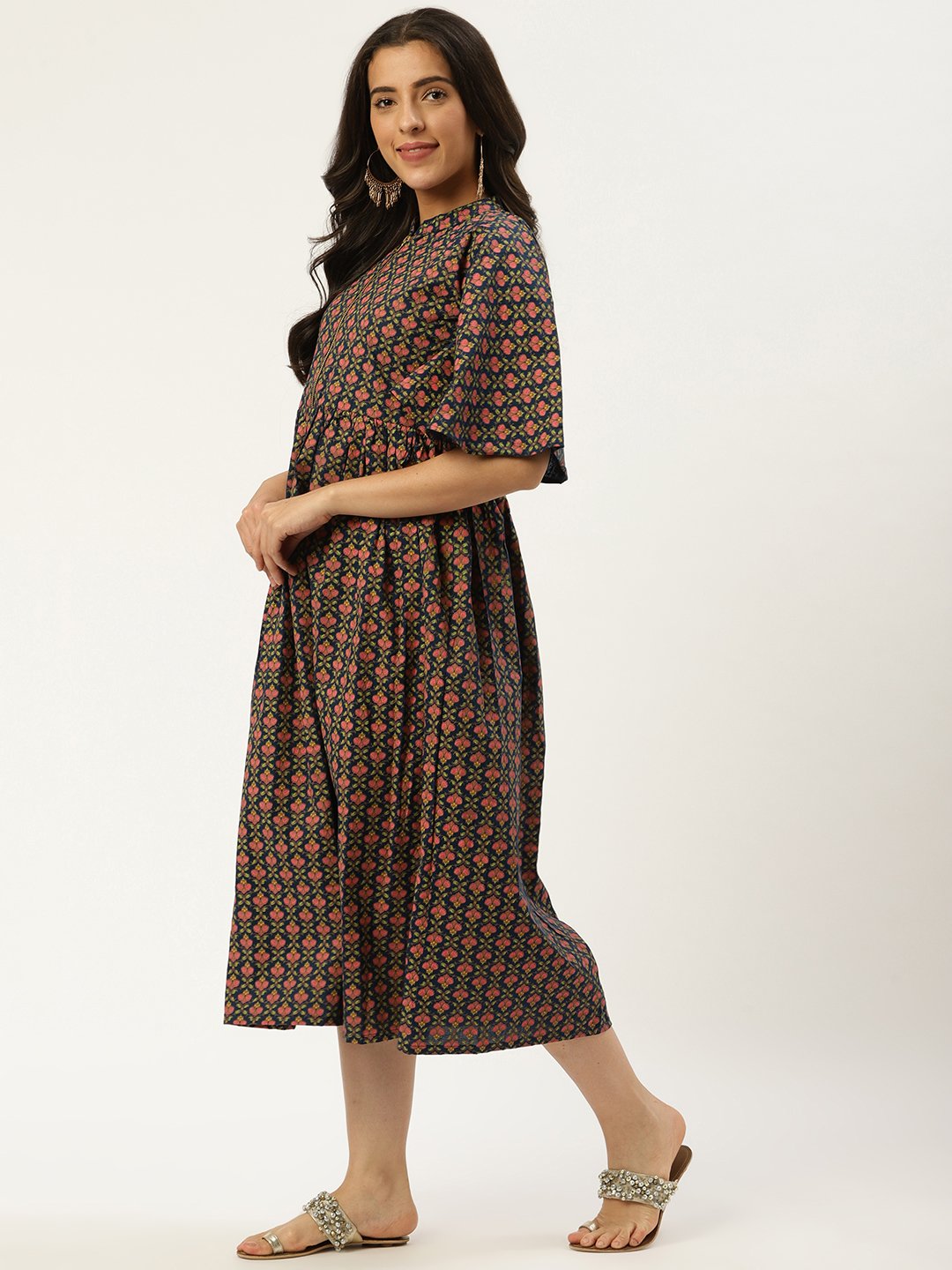 Women Blue Floral Printed Mandarin Collar Cotton Fit And Flare Dress | LASVINI - Redefining Indian Fashion with Elegance