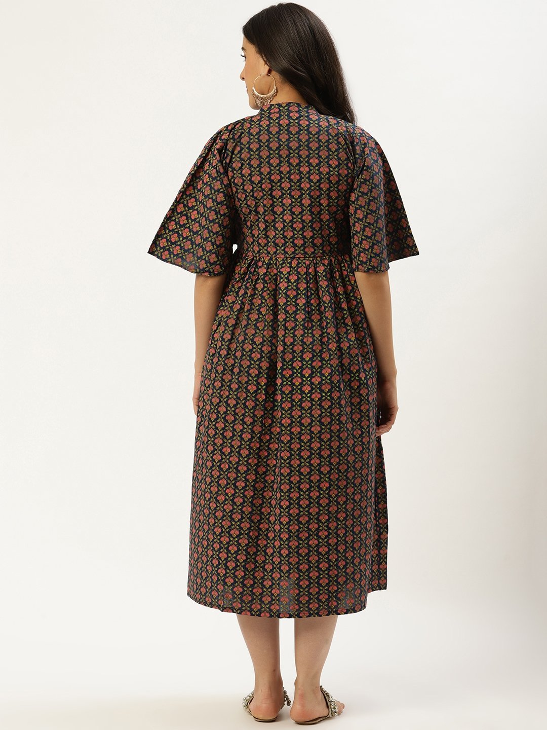 Women Blue Floral Printed Mandarin Collar Cotton Fit And Flare Dress | LASVINI - Redefining Indian Fashion with Elegance