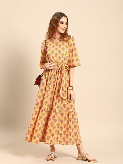 Women Peach-Coloured Printed Fit And Flare Dress | LASVINI - Redefining Indian Fashion with Elegance