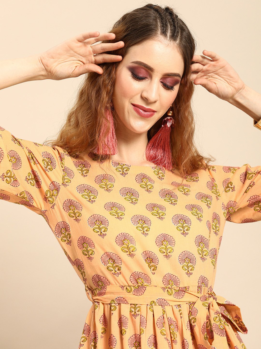 Women Peach-Coloured Printed Fit And Flare Dress | LASVINI - Redefining Indian Fashion with Elegance