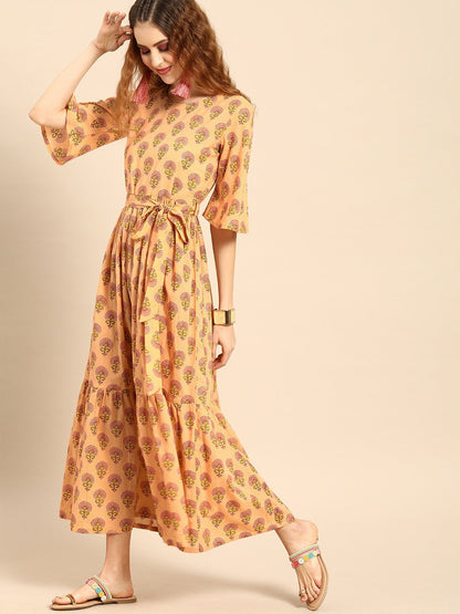 Women Peach-Coloured Printed Fit And Flare Dress | LASVINI - Redefining Indian Fashion with Elegance