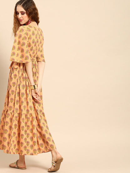 Women Peach-Coloured Printed Fit And Flare Dress | LASVINI - Redefining Indian Fashion with Elegance