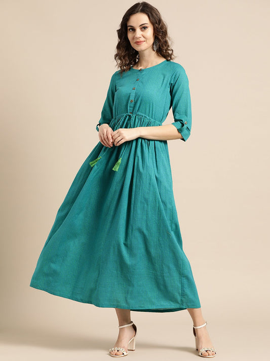 Women Green Polka Dots Self Design Round Neck Cotton Fit And Flare Dress | LASVINI - Redefining Indian Fashion with Elegance