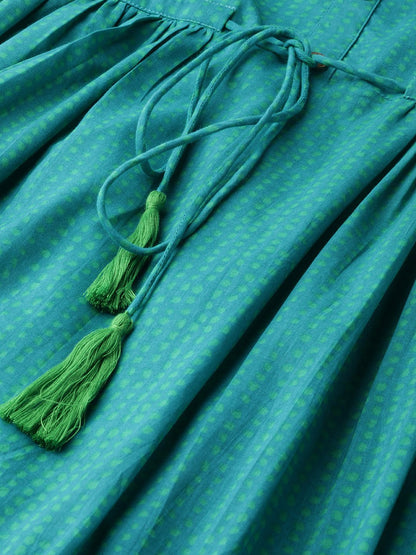 Women Green Polka Dots Self Design Round Neck Cotton Fit And Flare Dress | LASVINI - Redefining Indian Fashion with Elegance