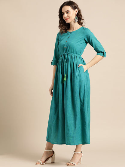 Women Green Polka Dots Self Design Round Neck Cotton Fit And Flare Dress | LASVINI - Redefining Indian Fashion with Elegance