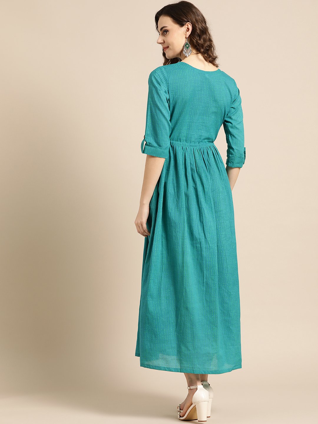 Women Green Polka Dots Self Design Round Neck Cotton Fit And Flare Dress | LASVINI - Redefining Indian Fashion with Elegance