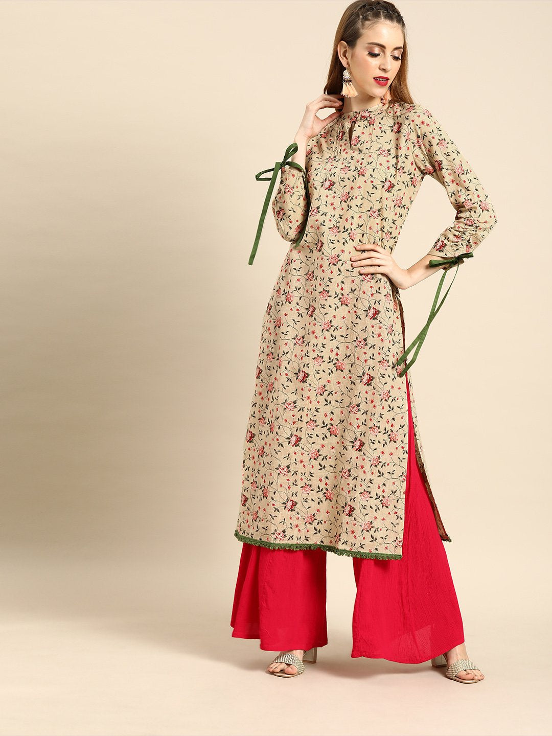 Women Beige Calf Length Long Sleeves Straight Floral Printed Cotton Kurta | LASVINI - Redefining Indian Fashion with Elegance