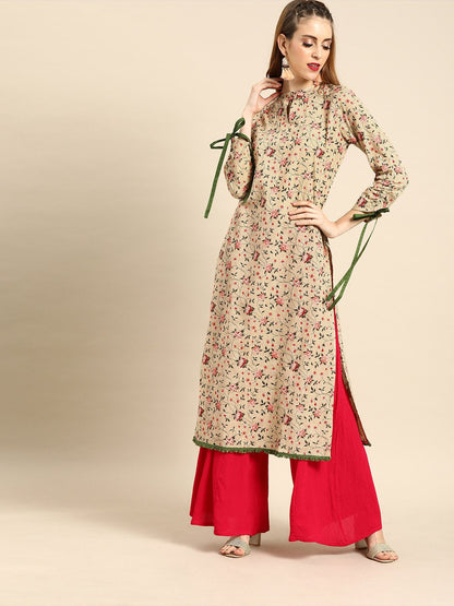 Women Beige Calf Length Long Sleeves Straight Floral Printed Cotton Kurta | LASVINI - Redefining Indian Fashion with Elegance
