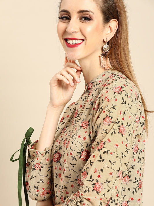 Women Beige Calf Length Long Sleeves Straight Floral Printed Cotton Kurta | LASVINI - Redefining Indian Fashion with Elegance