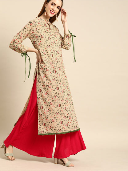 Women Beige Calf Length Long Sleeves Straight Floral Printed Cotton Kurta | LASVINI - Redefining Indian Fashion with Elegance