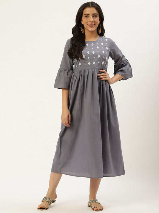 Women Grey Solid Solid Round Neck Cotton A-Line Dress | LASVINI - Redefining Indian Fashion with Elegance