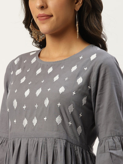 Women Grey Solid Solid Round Neck Cotton A-Line Dress | LASVINI - Redefining Indian Fashion with Elegance