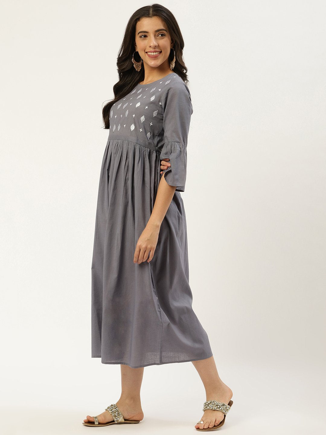 Women Grey Solid Solid Round Neck Cotton A-Line Dress | LASVINI - Redefining Indian Fashion with Elegance