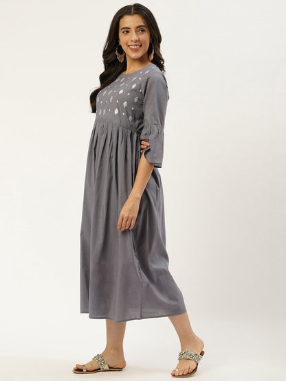 Women Grey Solid Solid Round Neck Cotton A-Line Dress | LASVINI - Redefining Indian Fashion with Elegance