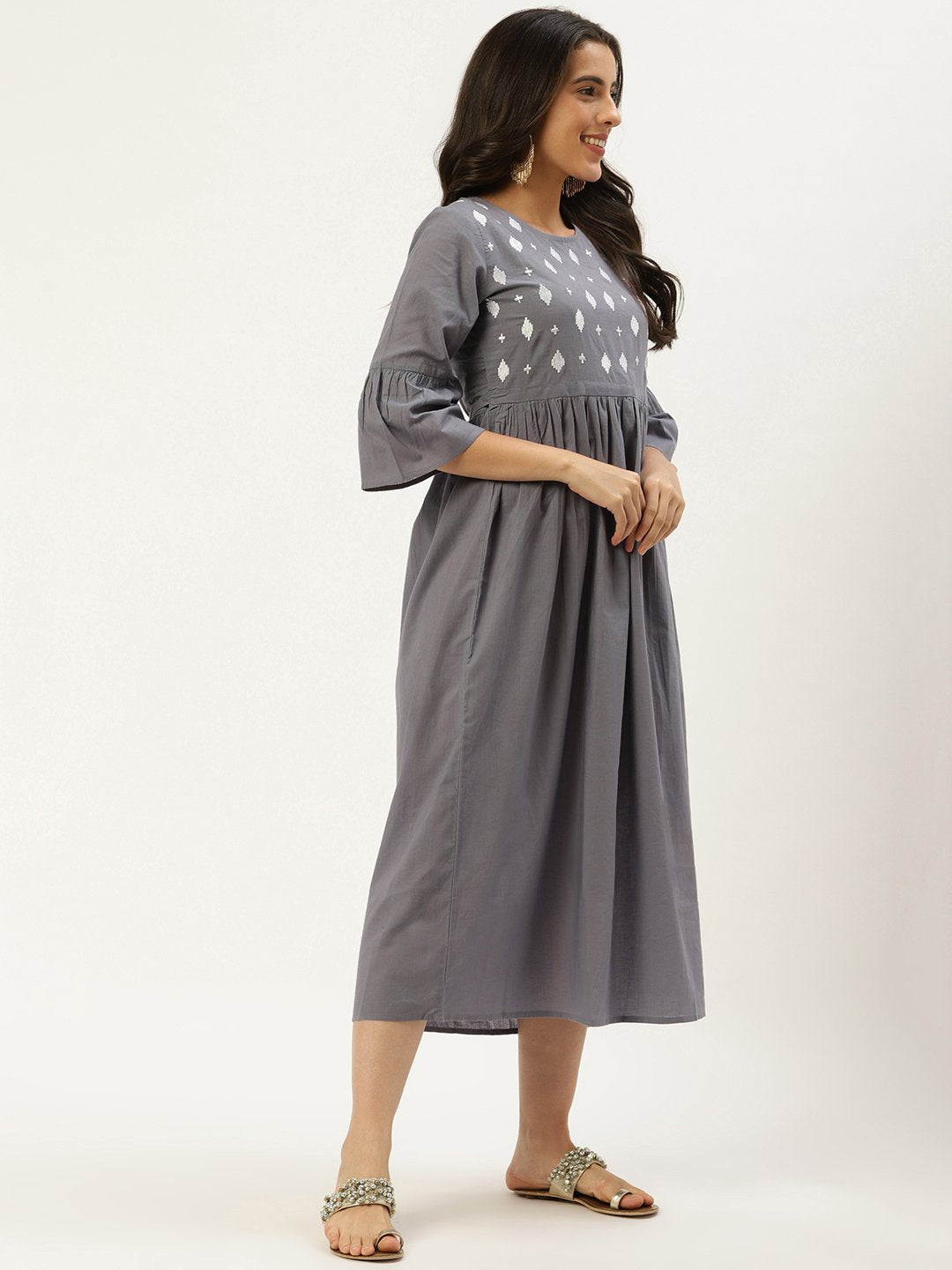 Women Grey Solid Solid Round Neck Cotton A-Line Dress | LASVINI - Redefining Indian Fashion with Elegance