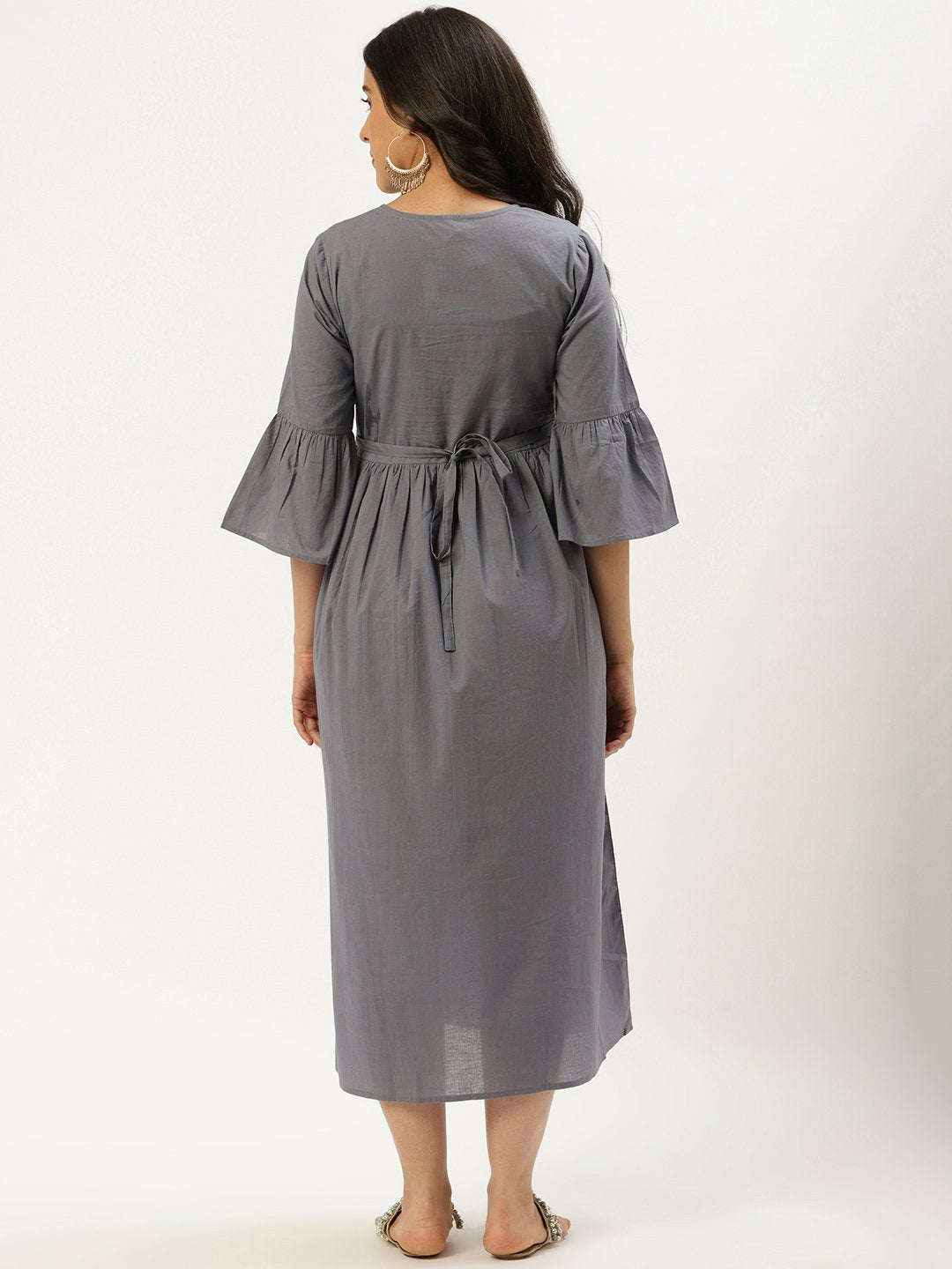 Women Grey Solid Solid Round Neck Cotton A-Line Dress | LASVINI - Redefining Indian Fashion with Elegance