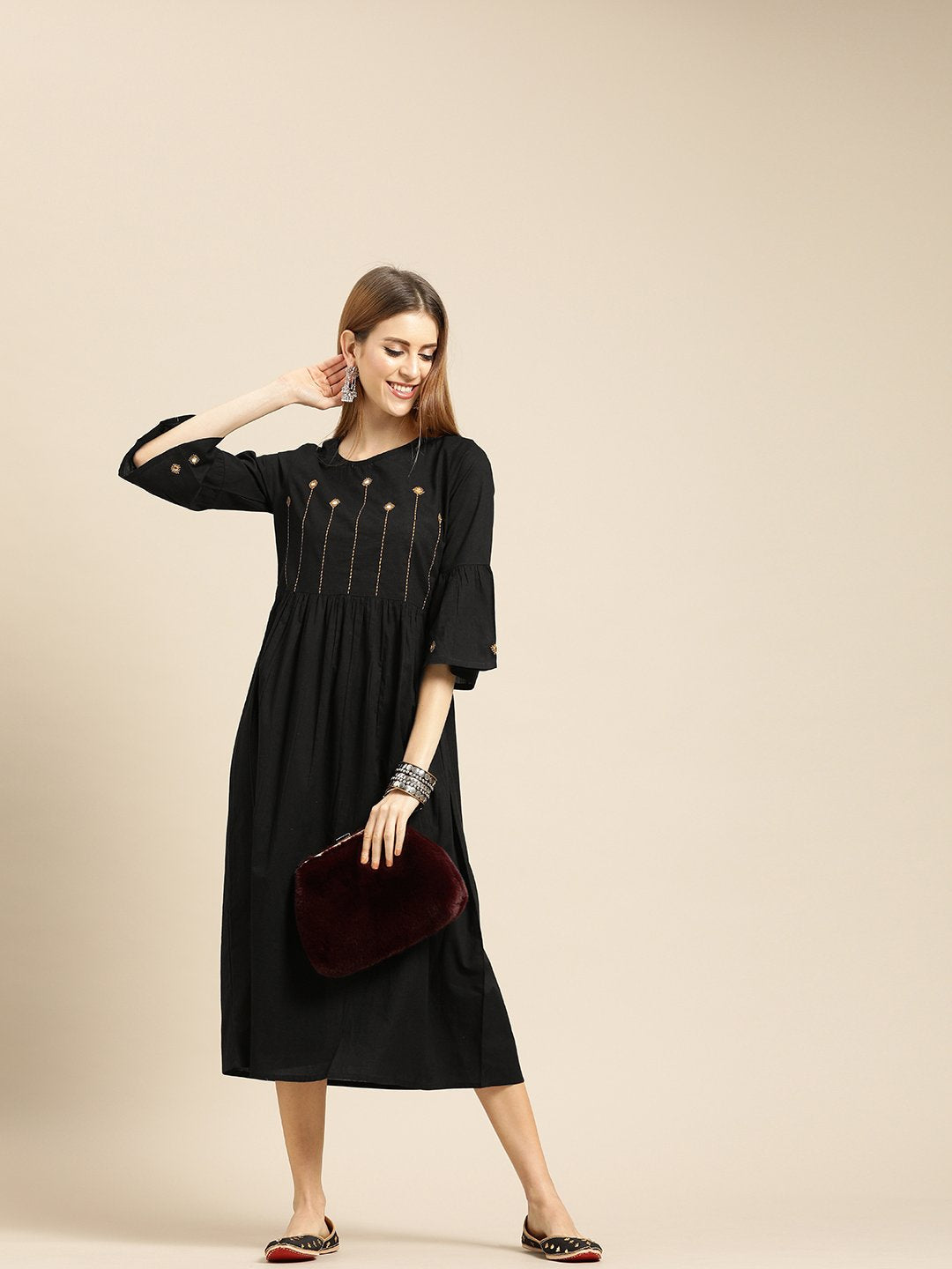 Women Black Solid Solid Round Neck Cotton A-Line Dress | LASVINI - Redefining Indian Fashion with Elegance