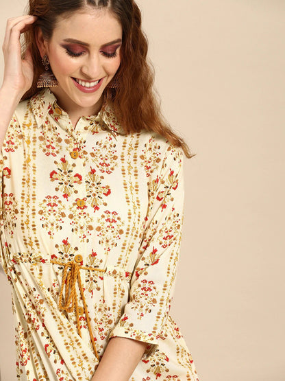 Women Cream-Coloured  Mustard Yellow Printed A-Line Dress With Gathers  Tie-Up | LASVINI - Redefining Indian Fashion with Elegance