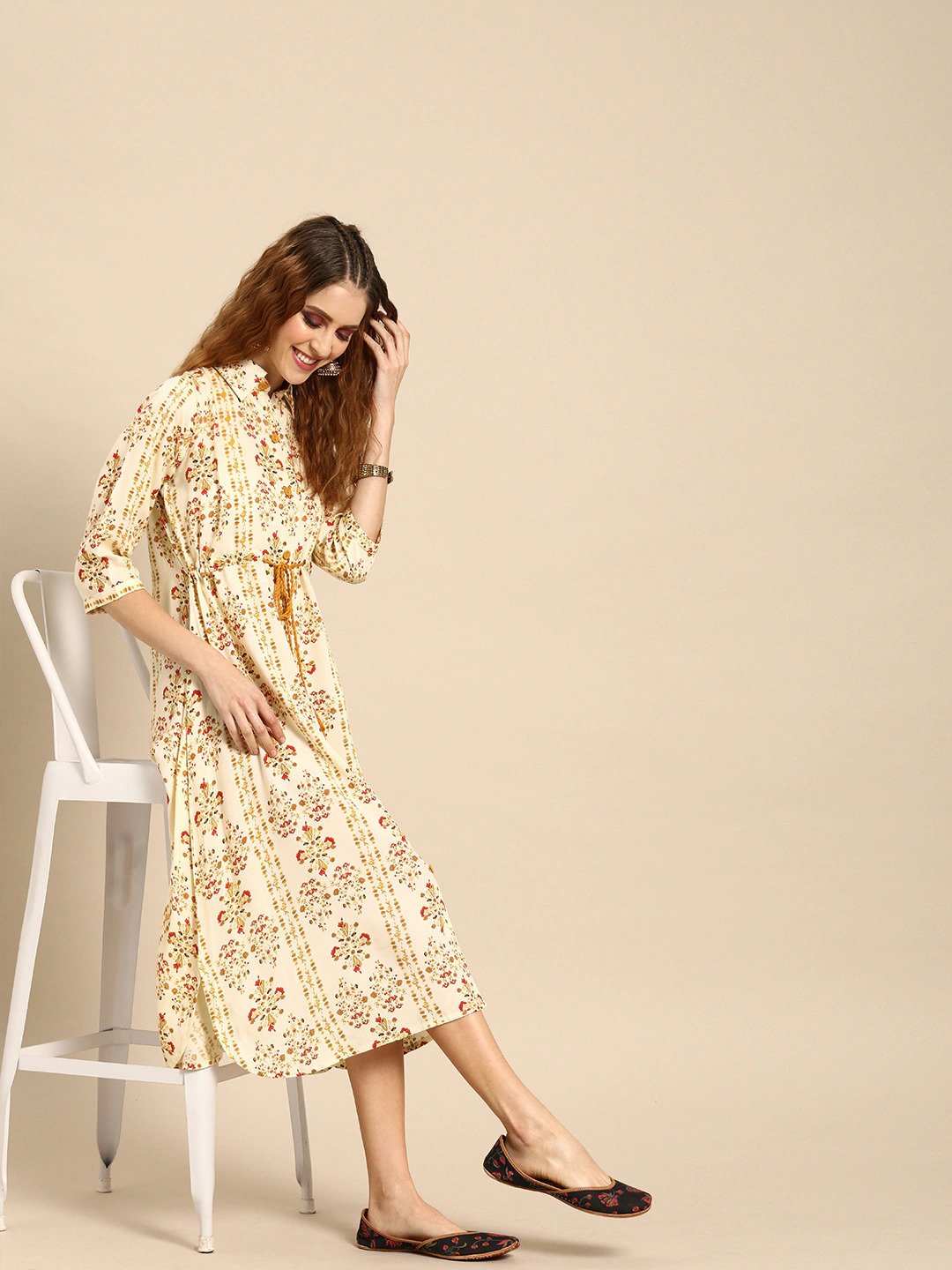Women Cream-Coloured  Mustard Yellow Printed A-Line Dress With Gathers  Tie-Up | LASVINI - Redefining Indian Fashion with Elegance