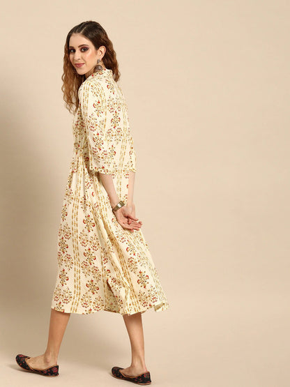 Women Cream-Coloured  Mustard Yellow Printed A-Line Dress With Gathers  Tie-Up | LASVINI - Redefining Indian Fashion with Elegance