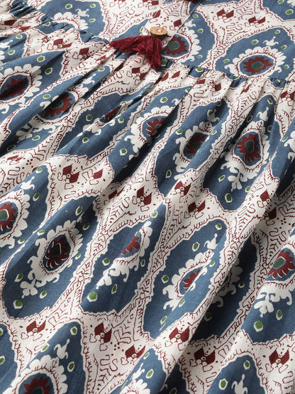 Women White Ethnic Motifs Printed Mandarin Collar Cotton Fit And Flare Dress | LASVINI - Redefining Indian Fashion with Elegance