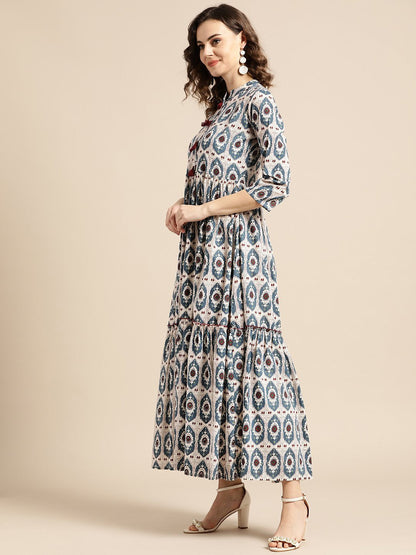 Women White Ethnic Motifs Printed Mandarin Collar Cotton Fit And Flare Dress | LASVINI - Redefining Indian Fashion with Elegance