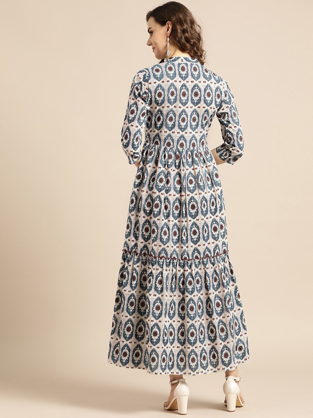 Women White Ethnic Motifs Printed Mandarin Collar Cotton Fit And Flare Dress | LASVINI - Redefining Indian Fashion with Elegance