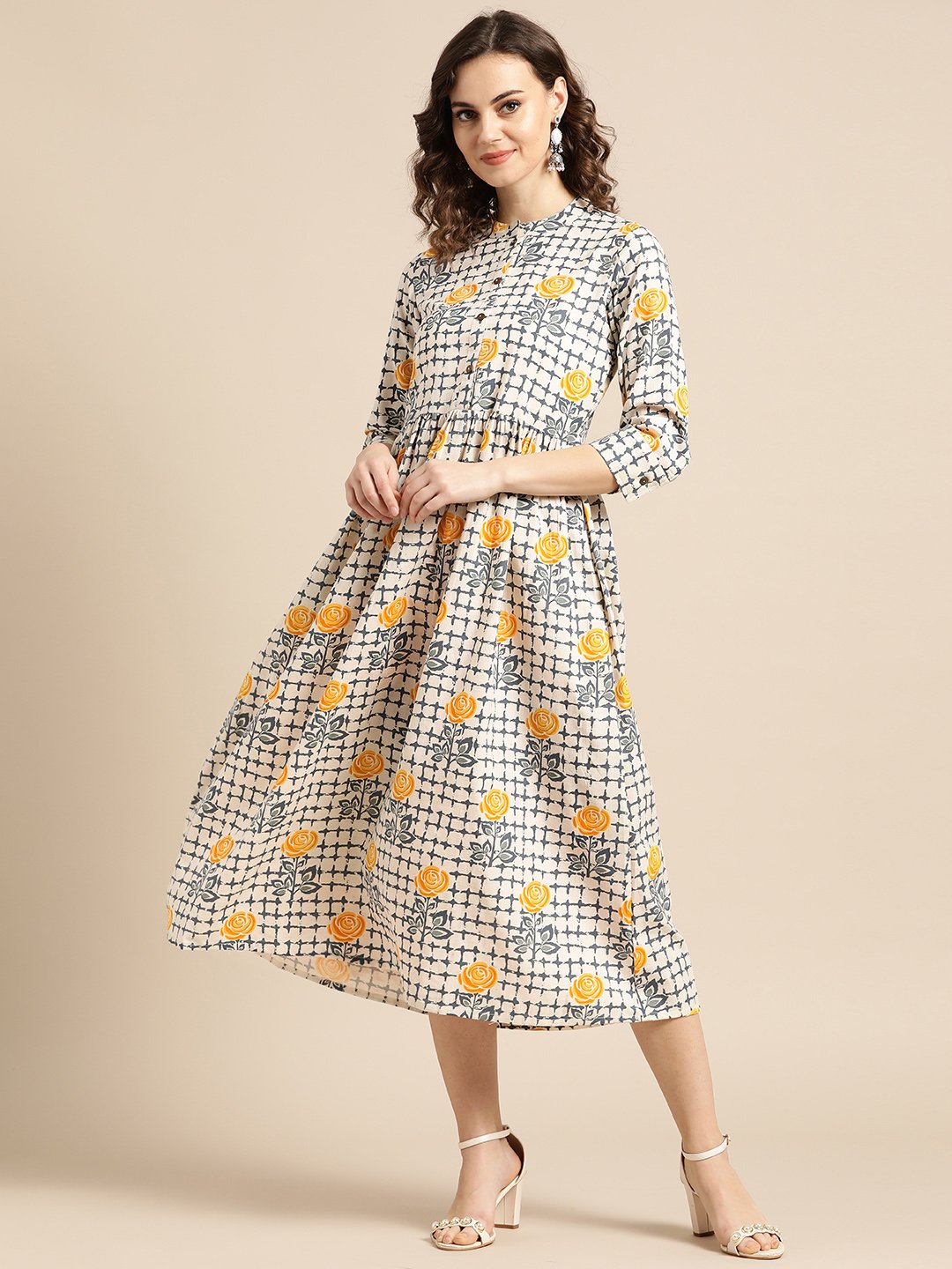 Women Off White Floral Printed Mandarin Collar Cotton A-Line Dress | LASVINI - Redefining Indian Fashion with Elegance