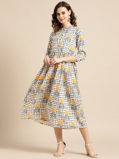 Women Off White Floral Printed Mandarin Collar Cotton A-Line Dress | LASVINI - Redefining Indian Fashion with Elegance