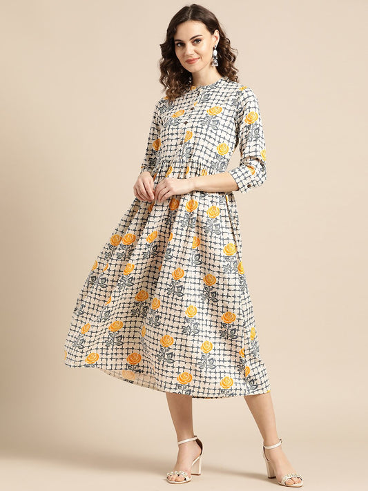 Women Off White Floral Printed Mandarin Collar Cotton A-Line Dress | LASVINI - Redefining Indian Fashion with Elegance
