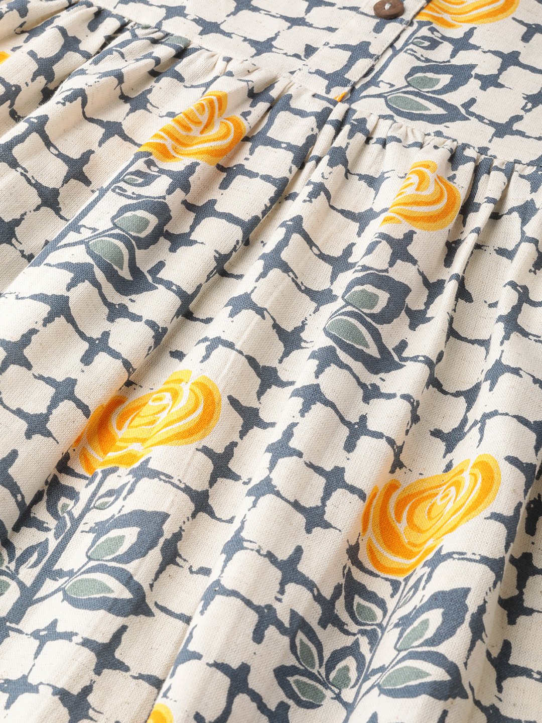 Women Off White Floral Printed Mandarin Collar Cotton A-Line Dress | LASVINI - Redefining Indian Fashion with Elegance