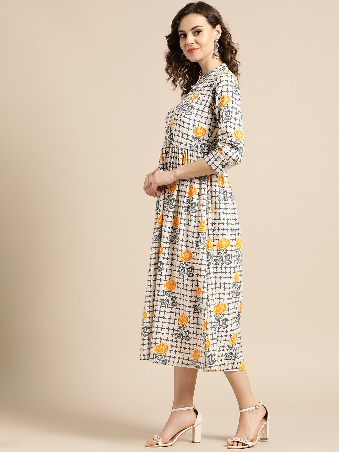 Women Off White Floral Printed Mandarin Collar Cotton A-Line Dress | LASVINI - Redefining Indian Fashion with Elegance